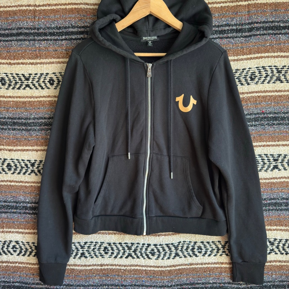 True Religion Tracksuit Set Womens XL Black Gold Logo Zip Hoodie Joggers